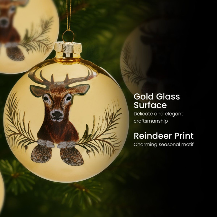 Christabelle Large Gold Glass Baubles 6Pcs with Reindeer Print Balls Christmas Tree Decoration Ornament image 6