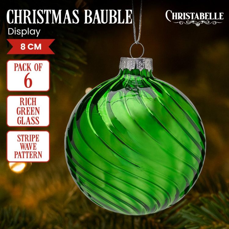 Christabelle Box of 6 Rich Green Glass Baubles with Stripe Wave Pattern image 3