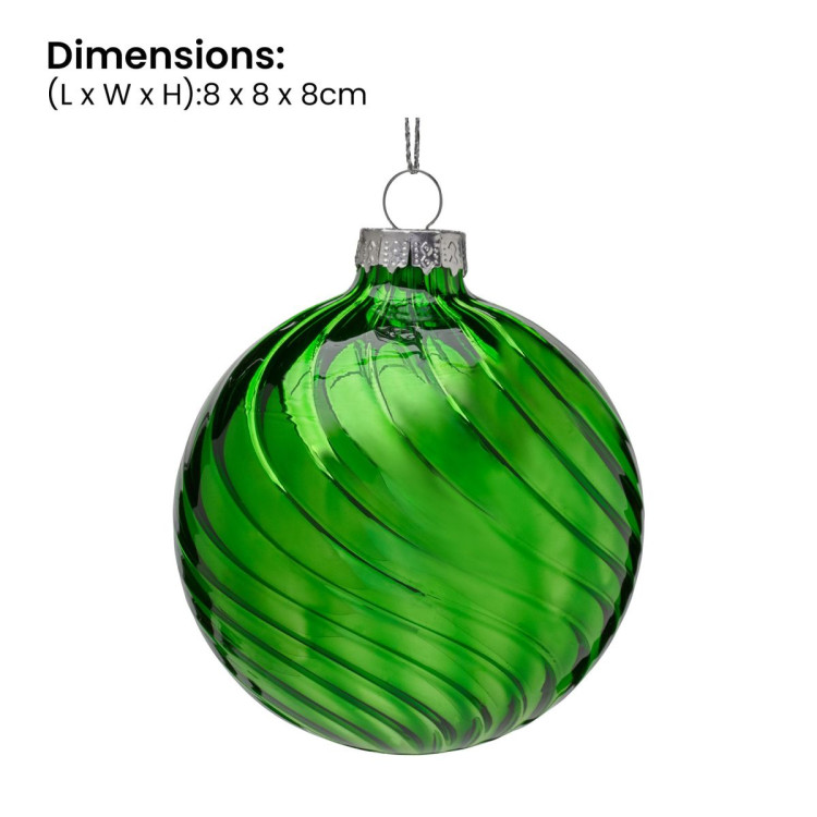 Christabelle Box of 6 Rich Green Glass Baubles with Stripe Wave Pattern image 4