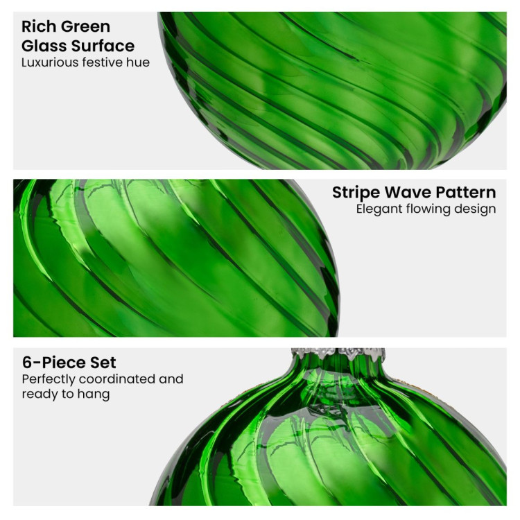 Christabelle Box of 6 Rich Green Glass Baubles with Stripe Wave Pattern image 6