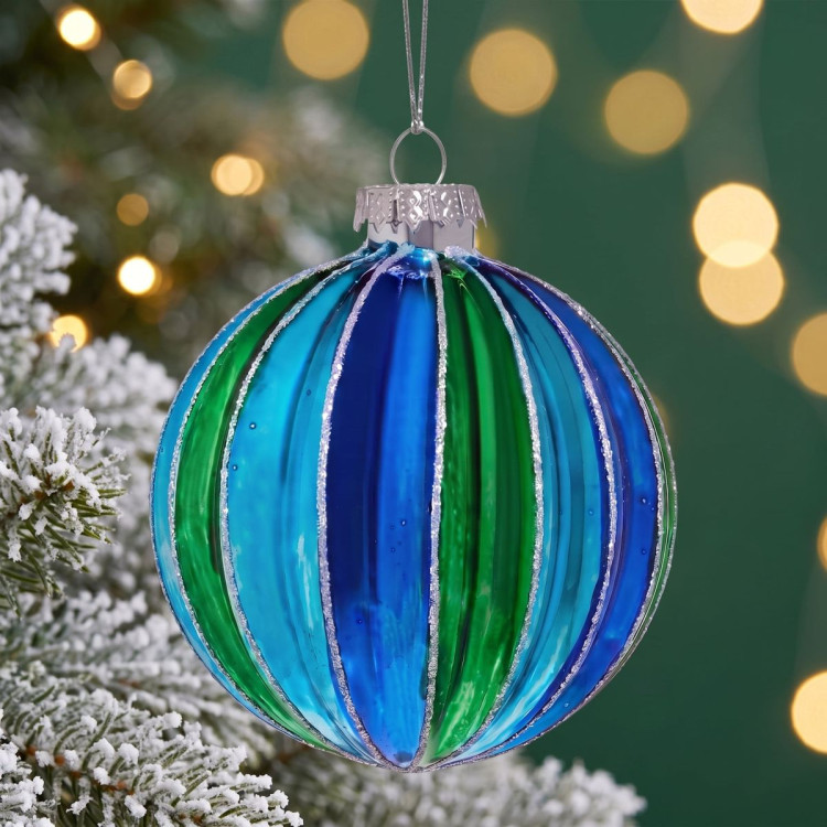 Christabelle 6 Blue Green Glass Christmas Baubles Striped 8cm Xmas Tree Decorations Hanging Ornaments Gift Boxed Set image 8
