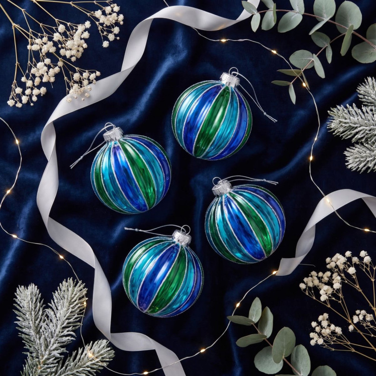 Christabelle 6 Blue Green Glass Christmas Baubles Striped 8cm Xmas Tree Decorations Hanging Ornaments Gift Boxed Set image 7