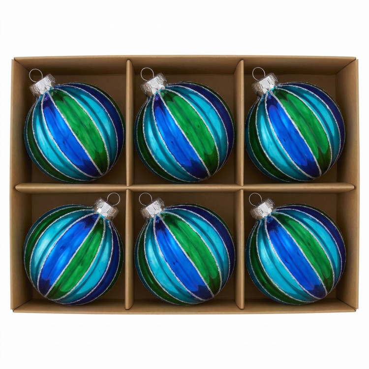 Christabelle 6 Blue Green Glass Christmas Baubles Striped 8cm Xmas Tree Decorations Hanging Ornaments Gift Boxed Set image 4