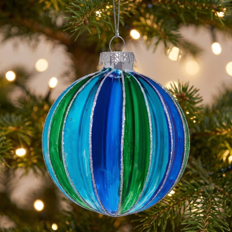 Christabelle 6 Blue Green Glass Christmas Baubles Striped 8cm Xmas Tree Decorations Hanging Ornaments Gift Boxed Set image 5
