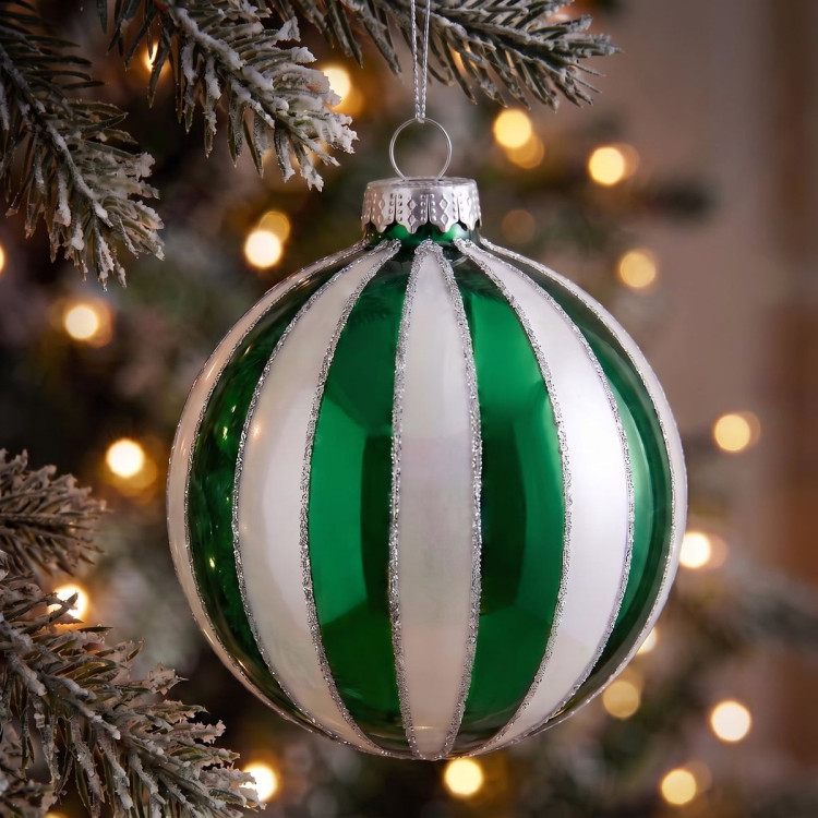 Christabelle 6 Green White Glass Christmas Baubles Striped 8cm Xmas Tree Decorations Hanging Ornaments Gift Boxed Set image 5