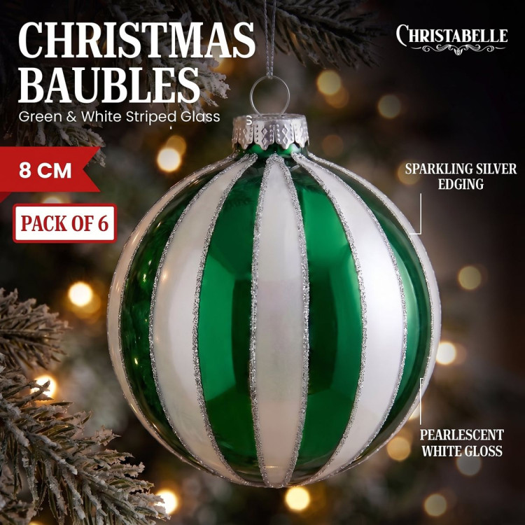 Christabelle 6 Green White Glass Christmas Baubles Striped 8cm Xmas Tree Decorations Hanging Ornaments Gift Boxed Set image 9