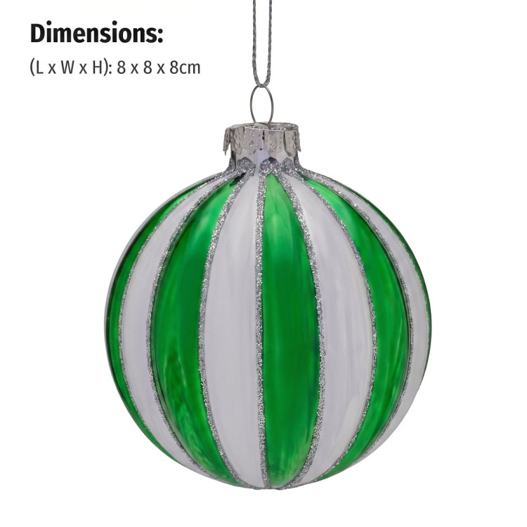 Christabelle 6 Green White Glass Christmas Baubles Striped 8cm Xmas Tree Decorations Hanging Ornaments Gift Boxed Set image 3