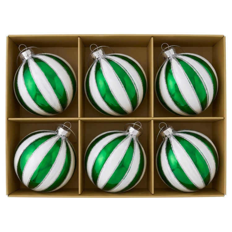 Christabelle 6 Green White Glass Christmas Baubles Striped 8cm Xmas Tree Decorations Hanging Ornaments Gift Boxed Set image 4