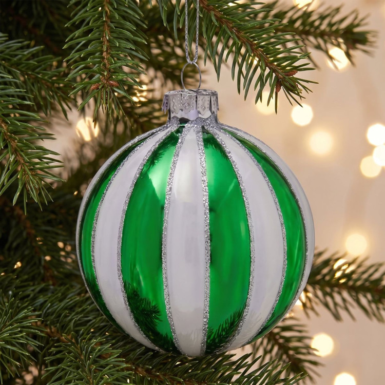 Christabelle 6 Green White Glass Christmas Baubles Striped 8cm Xmas Tree Decorations Hanging Ornaments Gift Boxed Set image 7