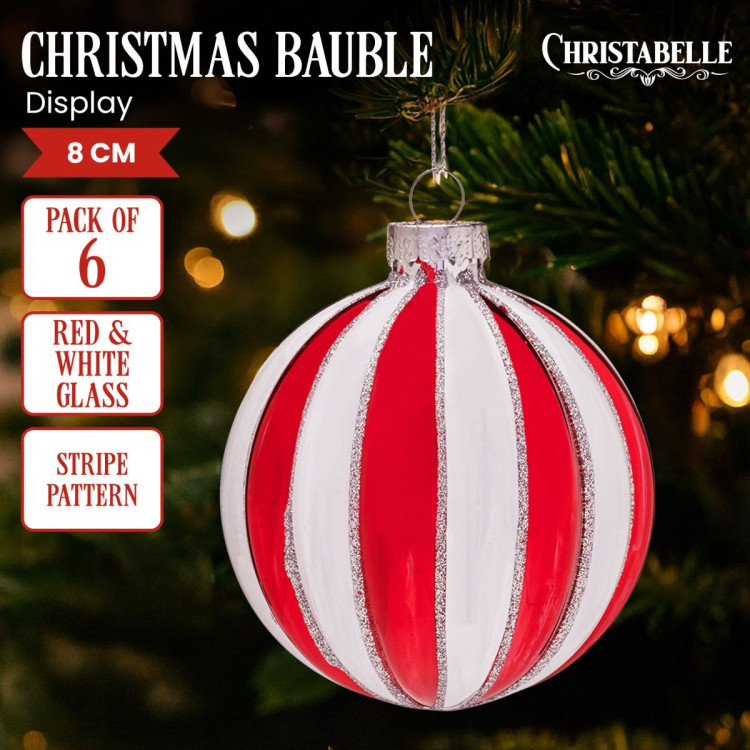 Christabelle Box of 6 Red & White Glass Baubles with Stripe Pattern image 3