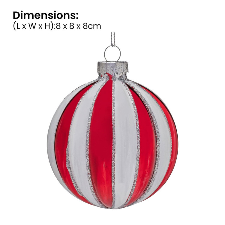 Christabelle Box of 6 Red & White Glass Baubles with Stripe Pattern image 4