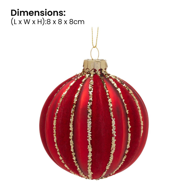 Christabelle Box of 6 Rich Red Glass Baubles with Gold Glitter Stripes image 4