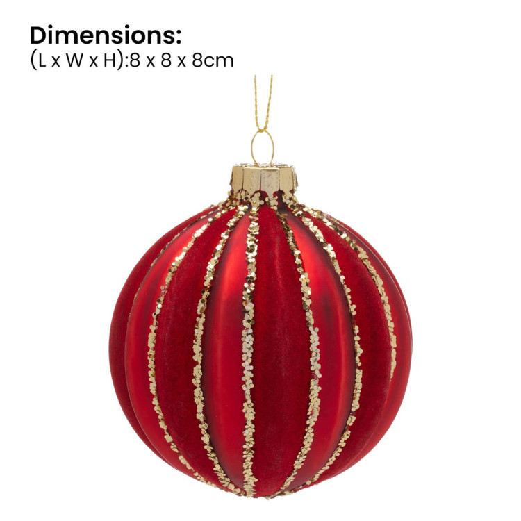 Christabelle Box of 6 Rich Red Glass Baubles with Gold Glitter Stripes image 4