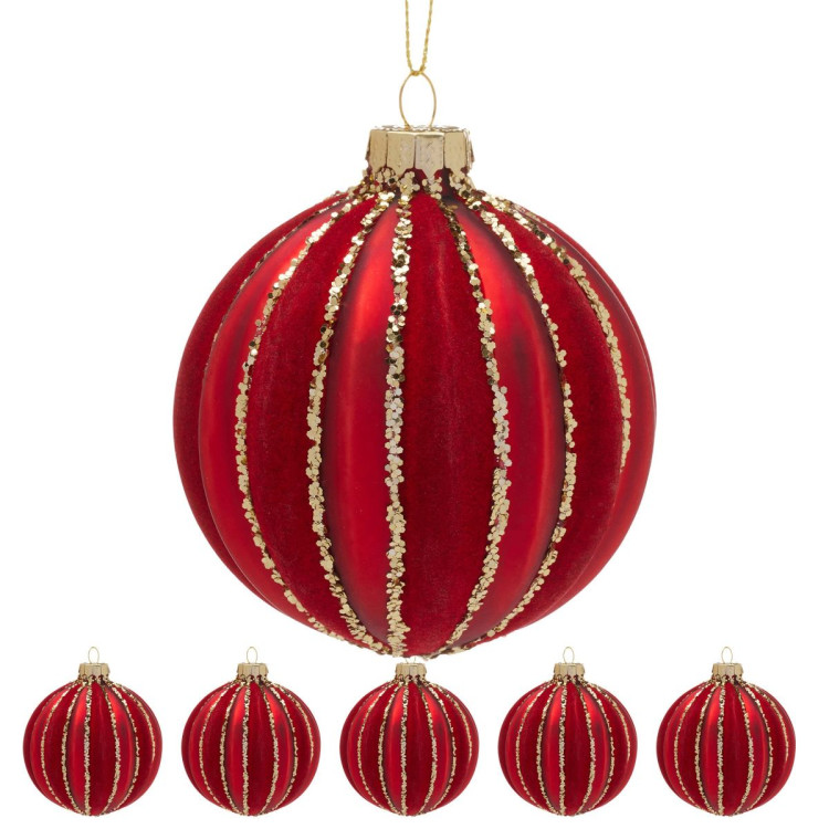 Christabelle Box of 6 Rich Red Glass Baubles with Gold Glitter Stripes image 5
