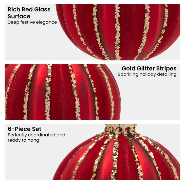 Christabelle Box of 6 Rich Red Glass Baubles with Gold Glitter Stripes image 6