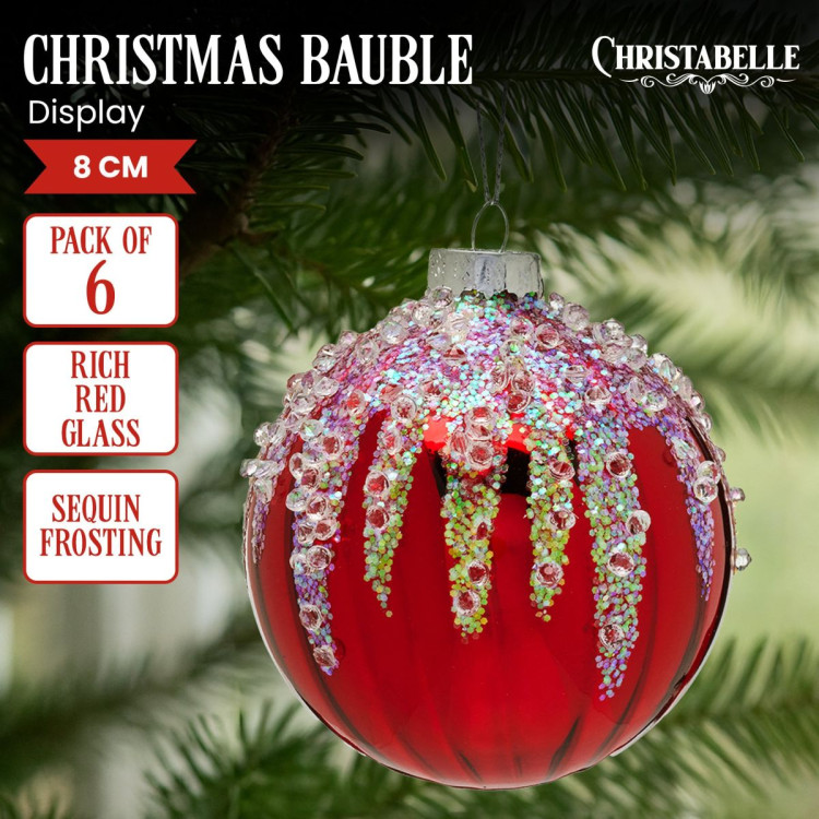 Christabelle Box of 6 Rich Red Glass Baubles with Sequin Frosting image 3