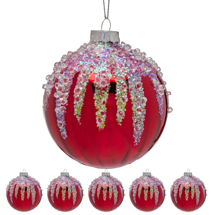 Christabelle Box of 6 Rich Red Glass Baubles with Sequin Frosting image 5