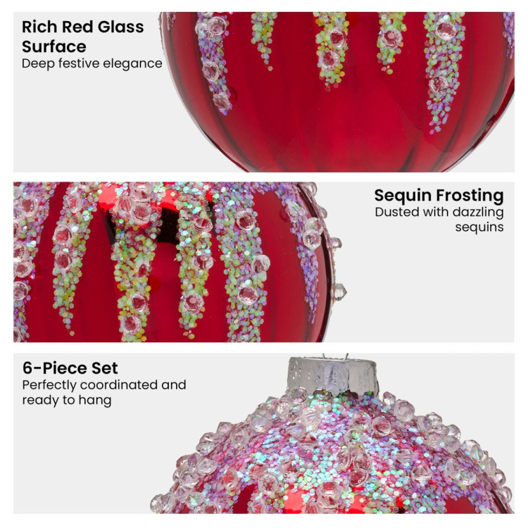 Christabelle Box of 6 Rich Red Glass Baubles with Sequin Frosting image 6