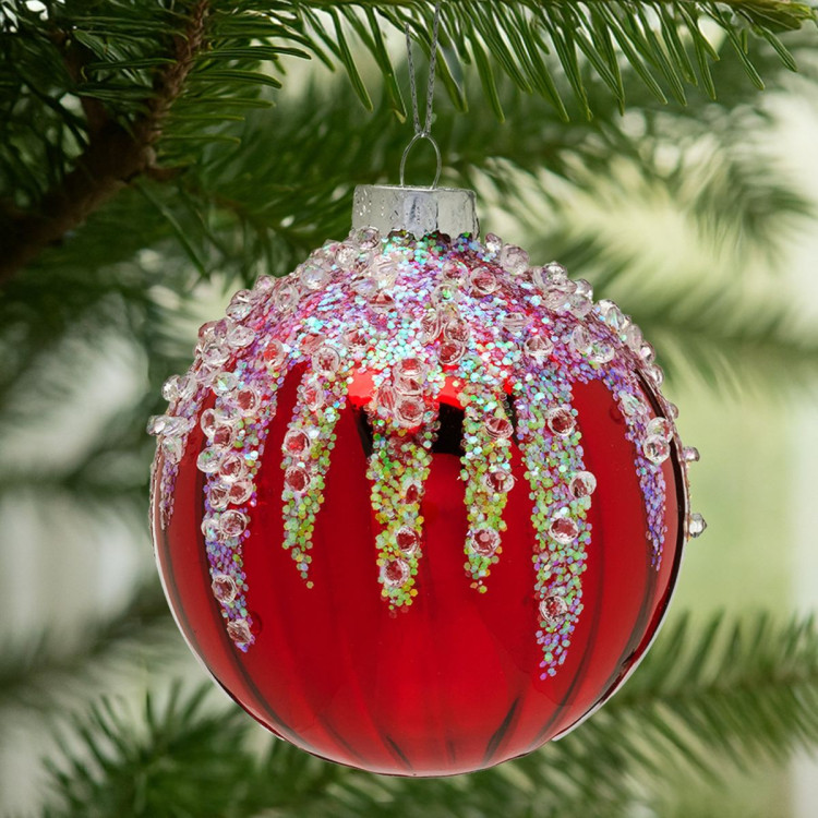 Christabelle Box of 6 Rich Red Glass Baubles with Sequin Frosting image 7