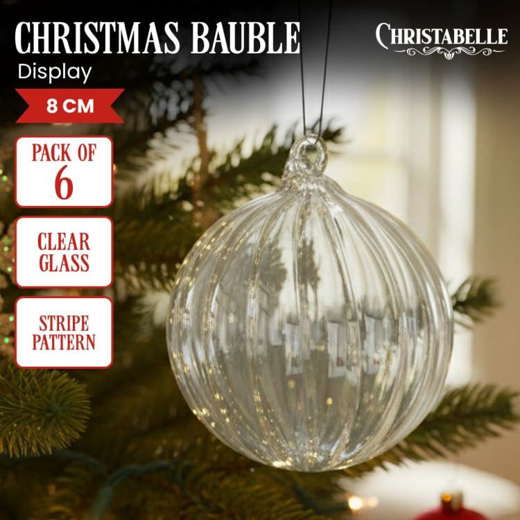 Christabelle Box of 6 Clear Glass Baubles with Stripe Pattern image 3