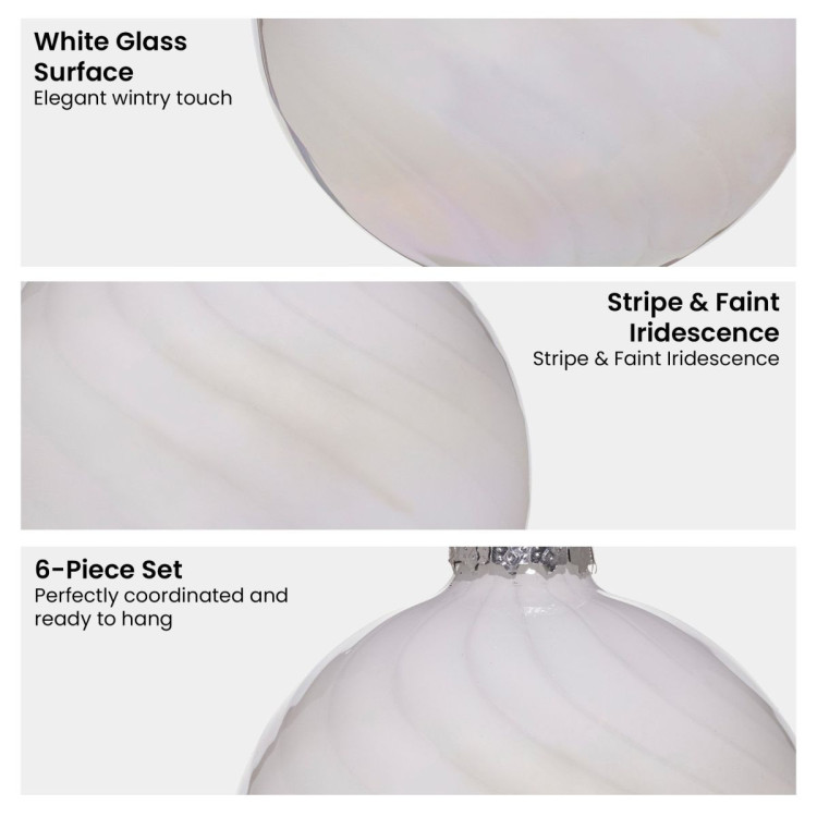 Christabelle Box of 6 White Glass Baubles with Stripe & Faint Iridescence image 6