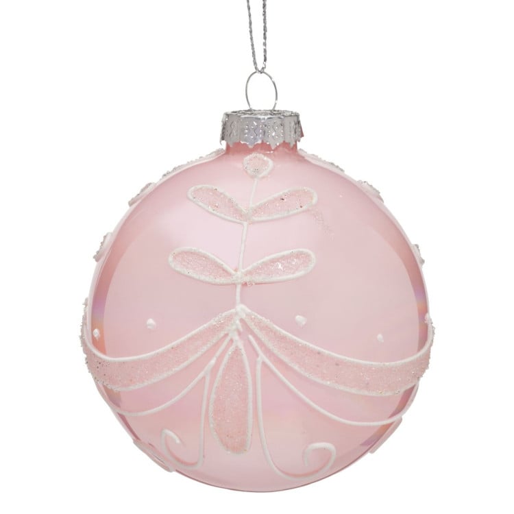 Christabelle Box of 6 Pink Glass Baubles with Glitter Floral Pattern image 3
