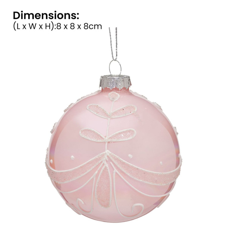 Christabelle Box of 6 Pink Glass Baubles with Glitter Floral Pattern image 4