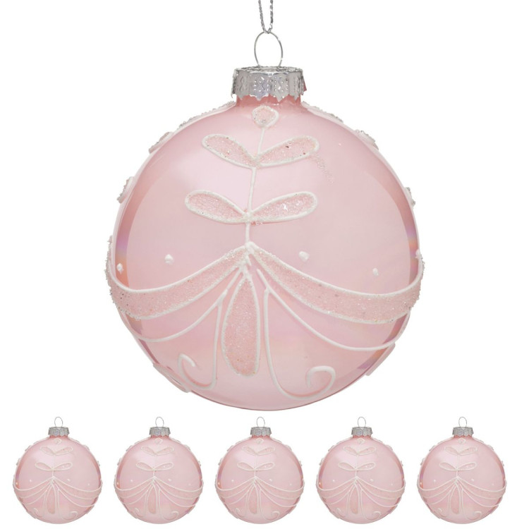 Christabelle Box of 6 Pink Glass Baubles with Glitter Floral Pattern image 5
