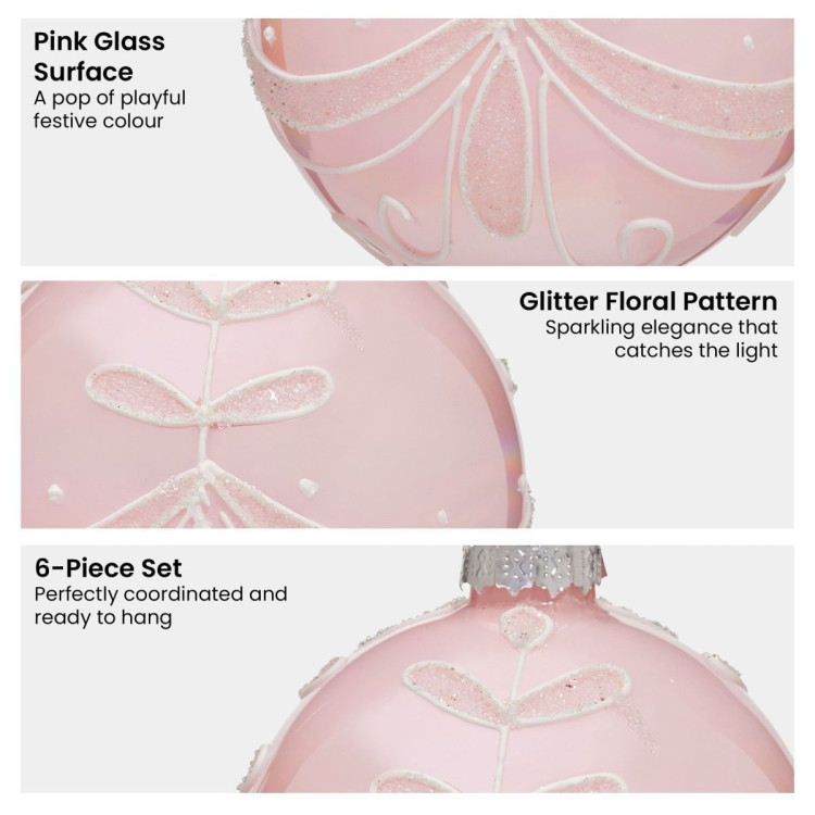 Christabelle Box of 6 Pink Glass Baubles with Glitter Floral Pattern image 6