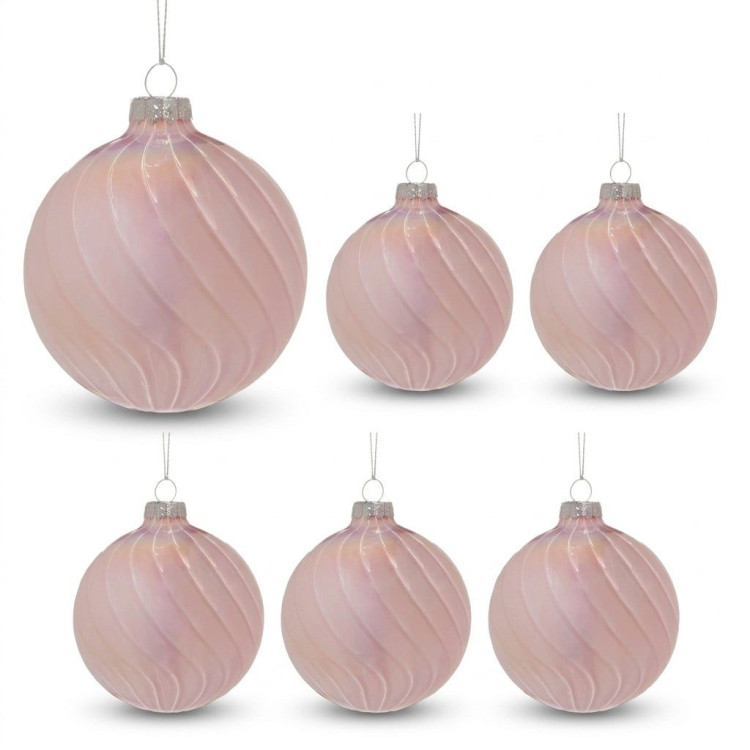 Christabelle 6 Pink Glass Christmas Baubles Gloss Textured 8cm Xmas Tree Decorations Hanging Ornaments Gift Boxed Set