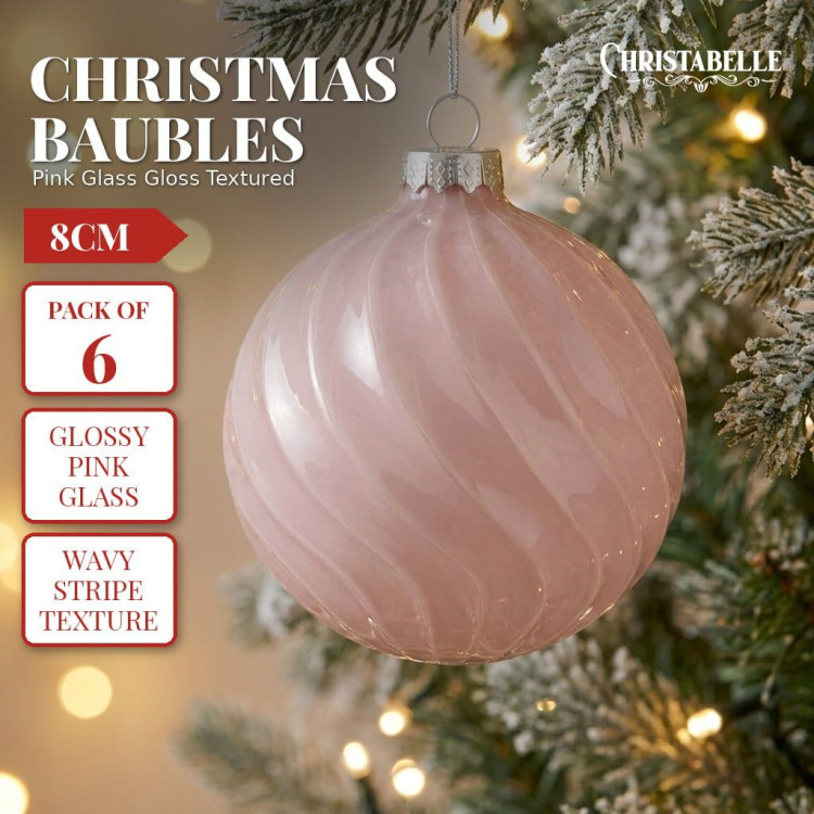 Christabelle 6 Pink Glass Christmas Baubles Gloss Textured 8cm Xmas Tree Decorations Hanging Ornaments Gift Boxed Set image 10