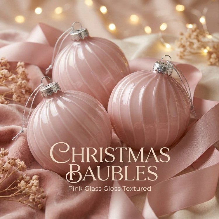 Christabelle 6 Pink Glass Christmas Baubles Gloss Textured 8cm Xmas Tree Decorations Hanging Ornaments Gift Boxed Set image 8