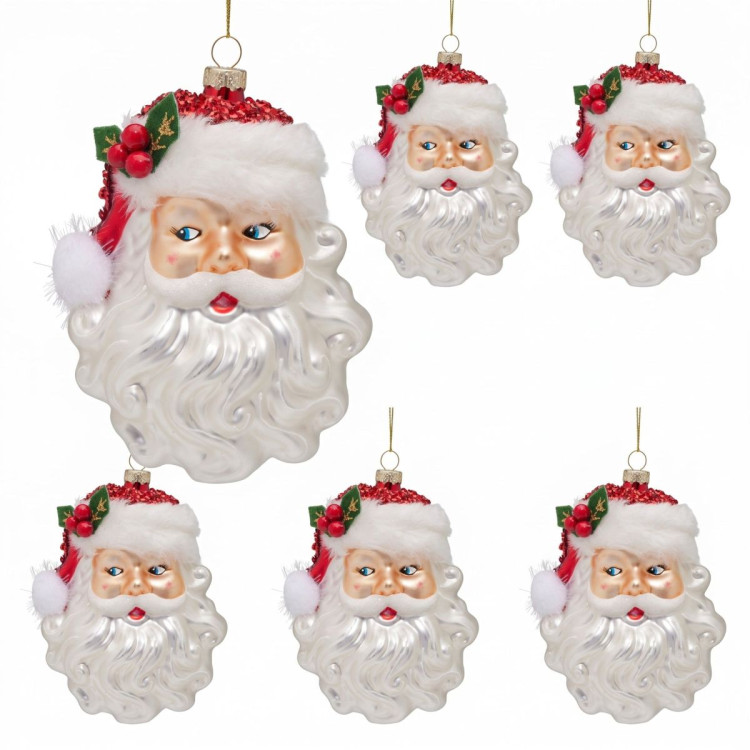 Christabelle 6 Glass Christmas Baubles Santa Head Fur Trim Whimsical 13cm Xmas Tree Decorations Hanging Ornaments