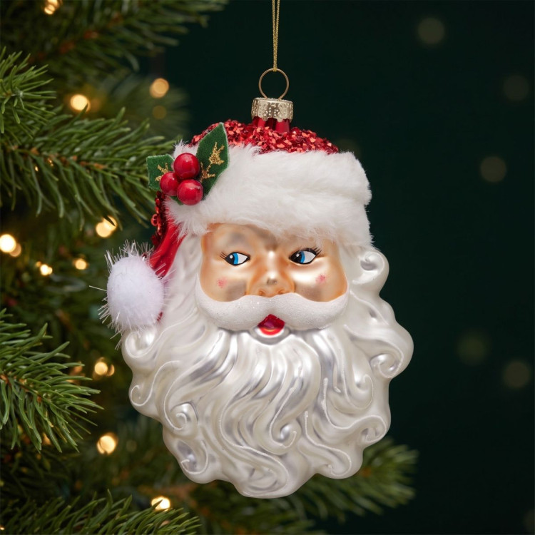 Christabelle 6 Glass Christmas Baubles Santa Head Fur Trim Novelty 13cm Xmas Tree Decorations Hanging Ornaments image 6