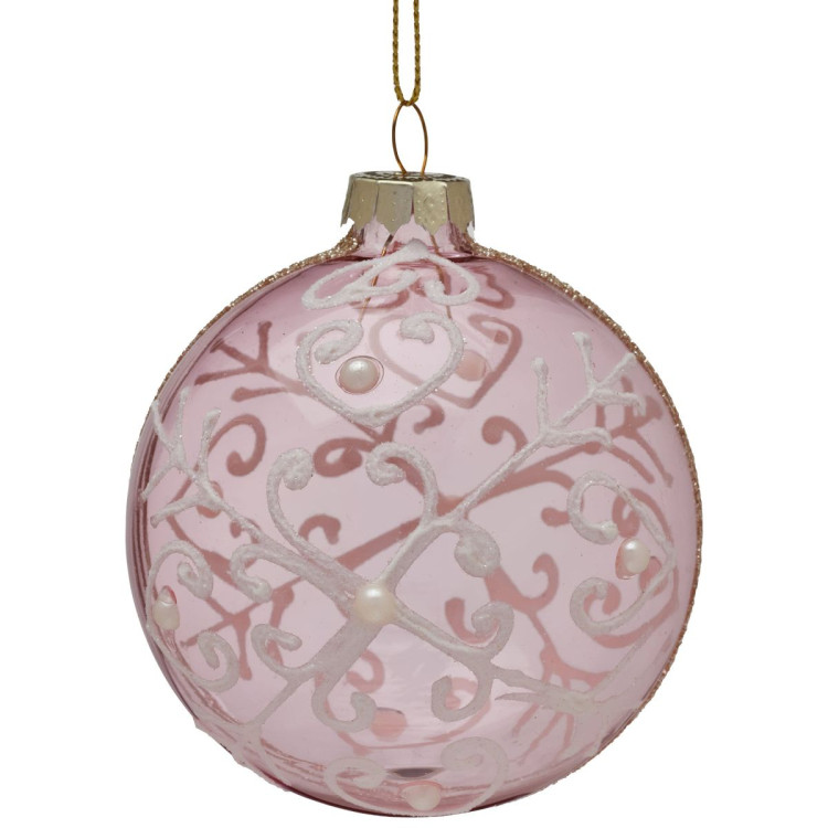 Christabelle Pink Glass Baubles 6Pcs with White Pattern & Pearls Balls Christmas Tree Decoration Ornament image 3