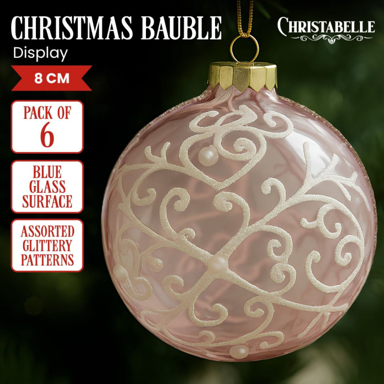 Christabelle Pink Glass Baubles 6Pcs with White Pattern & Pearls Balls Christmas Tree Decoration Ornament image 9