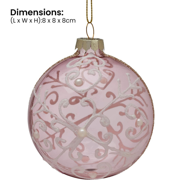 Christabelle Pink Glass Baubles 6Pcs with White Pattern & Pearls Balls Christmas Tree Decoration Ornament image 4