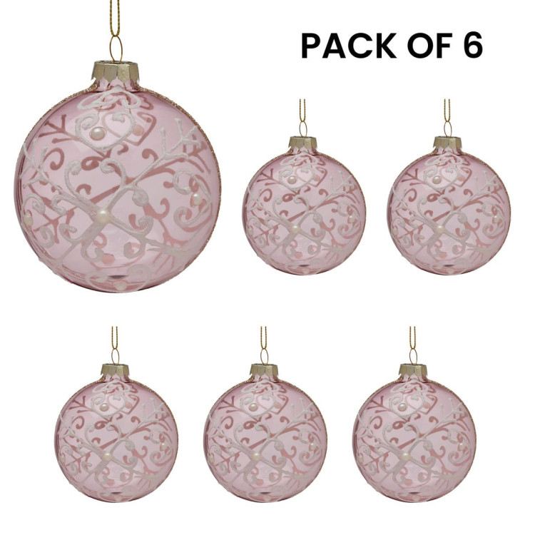 Christabelle Pink Glass Baubles 6Pcs with White Pattern & Pearls Balls Christmas Tree Decoration Ornament image 6