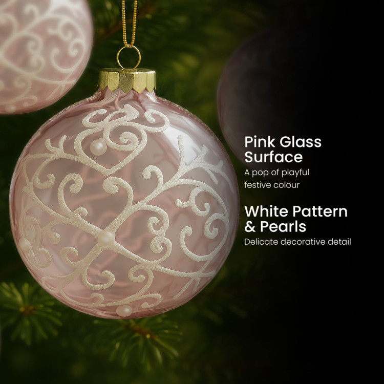 Christabelle Pink Glass Baubles 6Pcs with White Pattern & Pearls Balls Christmas Tree Decoration Ornament image 7
