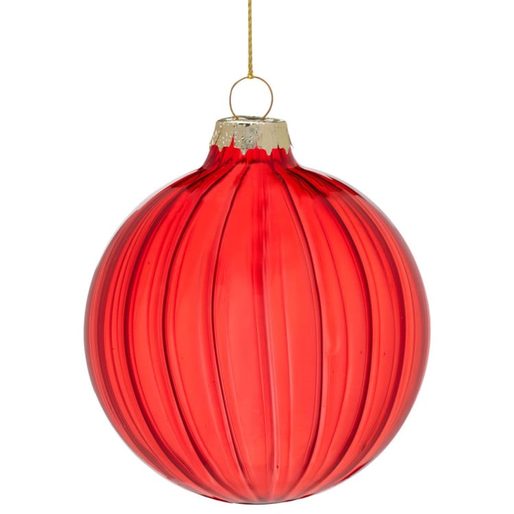Christabelle Glossy Red Glass Baubles 6Pcs with Textured Stripe Pattern Balls Christmas Tree Decoration Ornament image 2