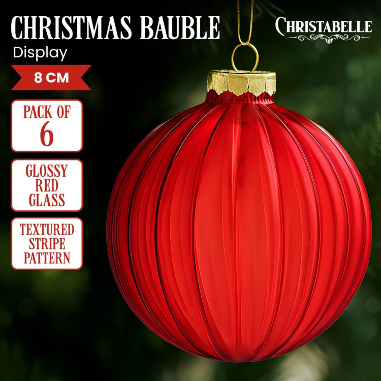 Christabelle Glossy Red Glass Baubles 6Pcs with Textured Stripe Pattern Balls Christmas Tree Decoration Ornament image 4