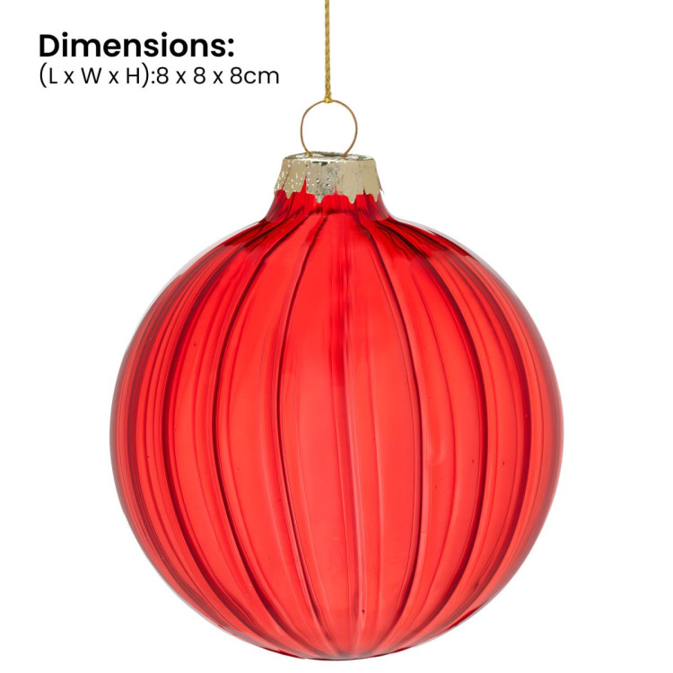 Christabelle Glossy Red Glass Baubles 6Pcs with Textured Stripe Pattern Balls Christmas Tree Decoration Ornament image 5