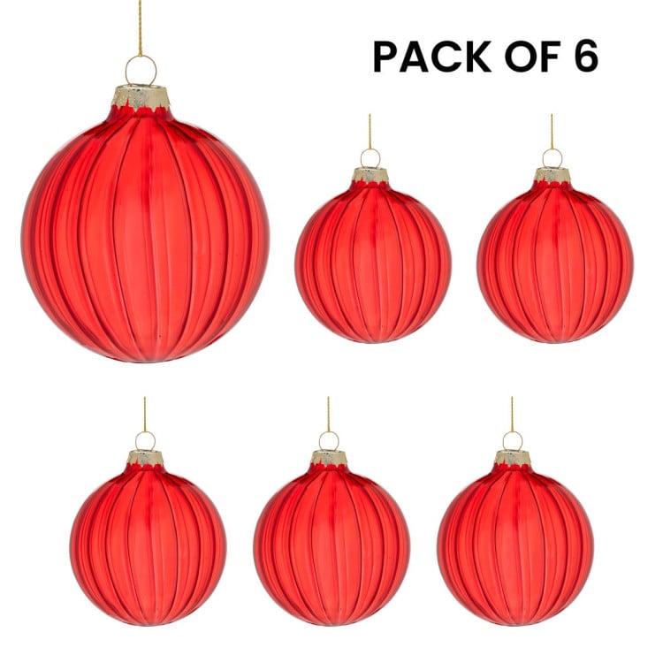 Christabelle Glossy Red Glass Baubles 6Pcs with Textured Stripe Pattern Balls Christmas Tree Decoration Ornament image 5