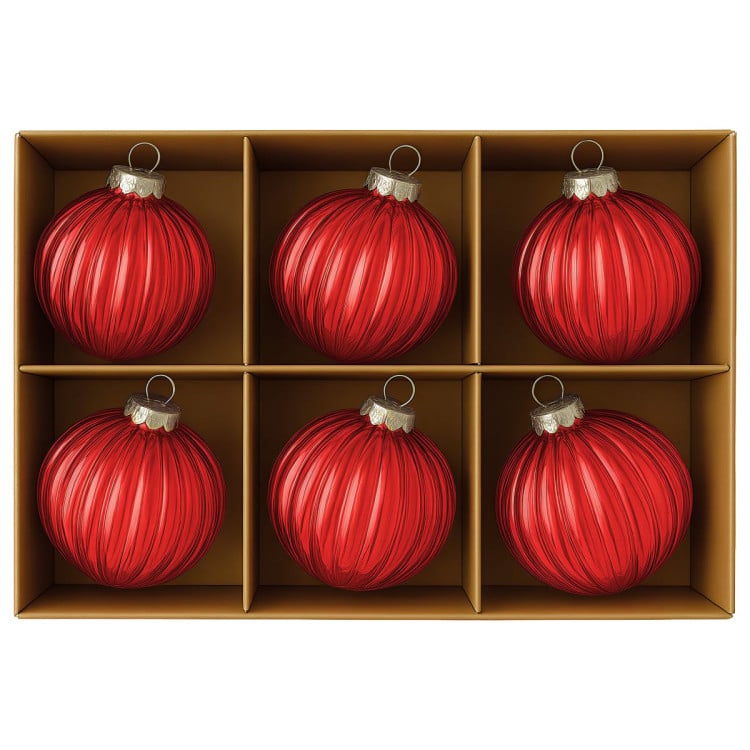Christabelle Glossy Red Glass Baubles 6Pcs with Textured Stripe Pattern Balls Christmas Tree Decoration Ornament image 6