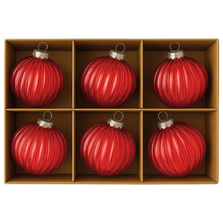 Christabelle Glossy Red Glass Baubles 6Pcs with Textured Stripe Pattern Balls Christmas Tree Decoration Ornament image 7