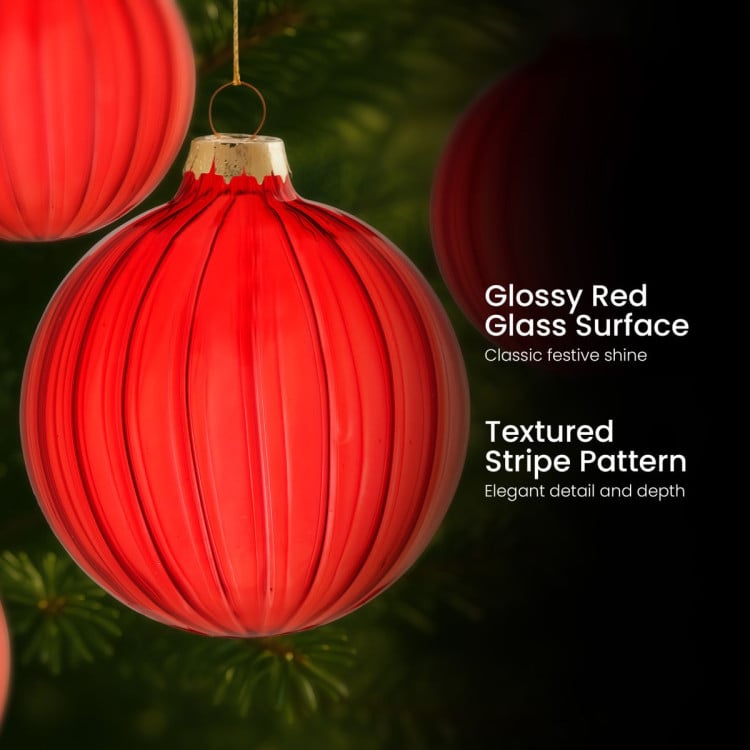 Christabelle Glossy Red Glass Baubles 6Pcs with Textured Stripe Pattern Balls Christmas Tree Decoration Ornament image 7