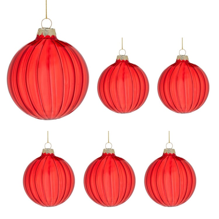 Christabelle Glossy Red Glass Baubles 6Pcs with Textured Stripe Pattern Balls Christmas Tree Decoration Ornament image 9
