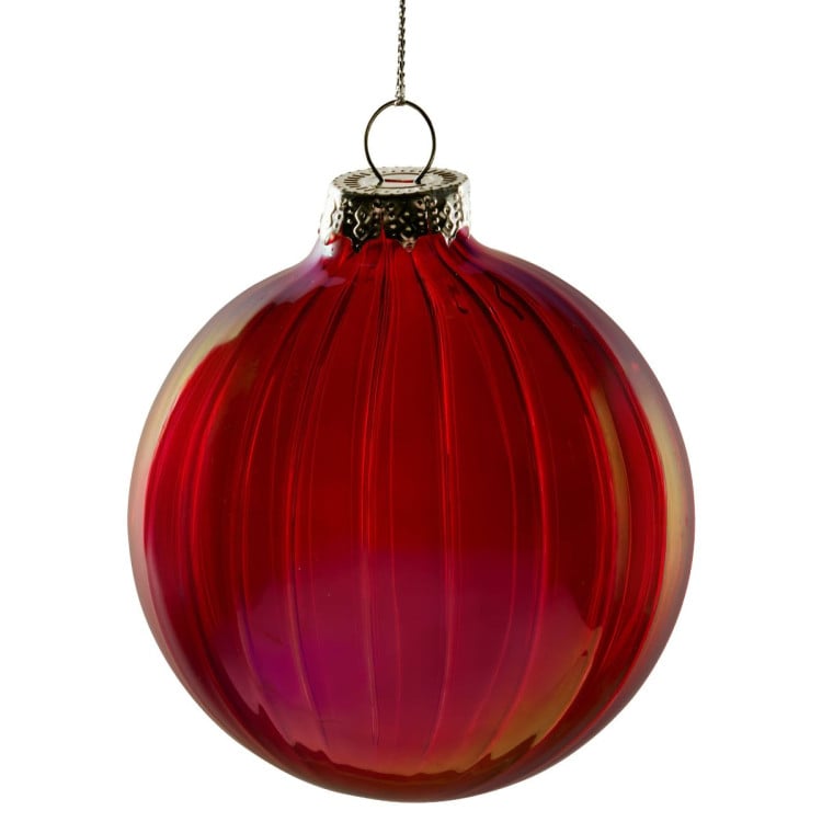 Christabelle 6Pcs Glossy Red Glass Baubles Textured Stripe Finish Balls Christmas Tree Decoration Ornament image 3