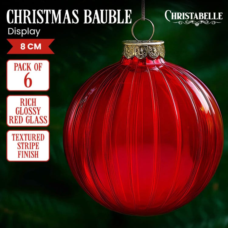 Christabelle 6Pcs Glossy Red Glass Baubles Textured Stripe Finish Balls Christmas Tree Decoration Ornament image 2