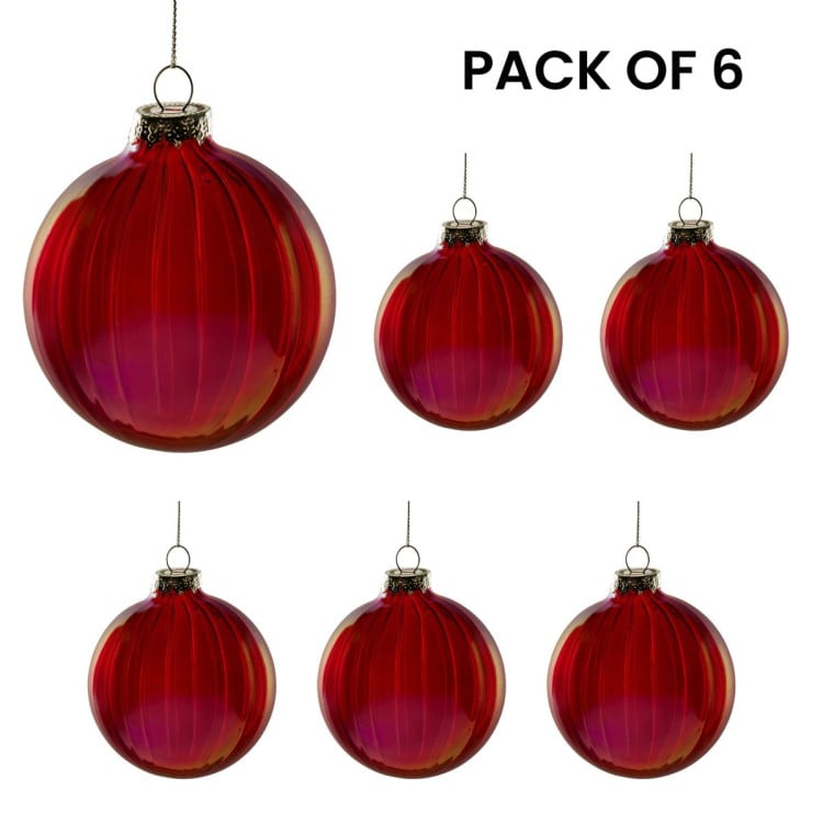 Christabelle 6Pcs Glossy Red Glass Baubles Textured Stripe Finish Balls Christmas Tree Decoration Ornament image 5
